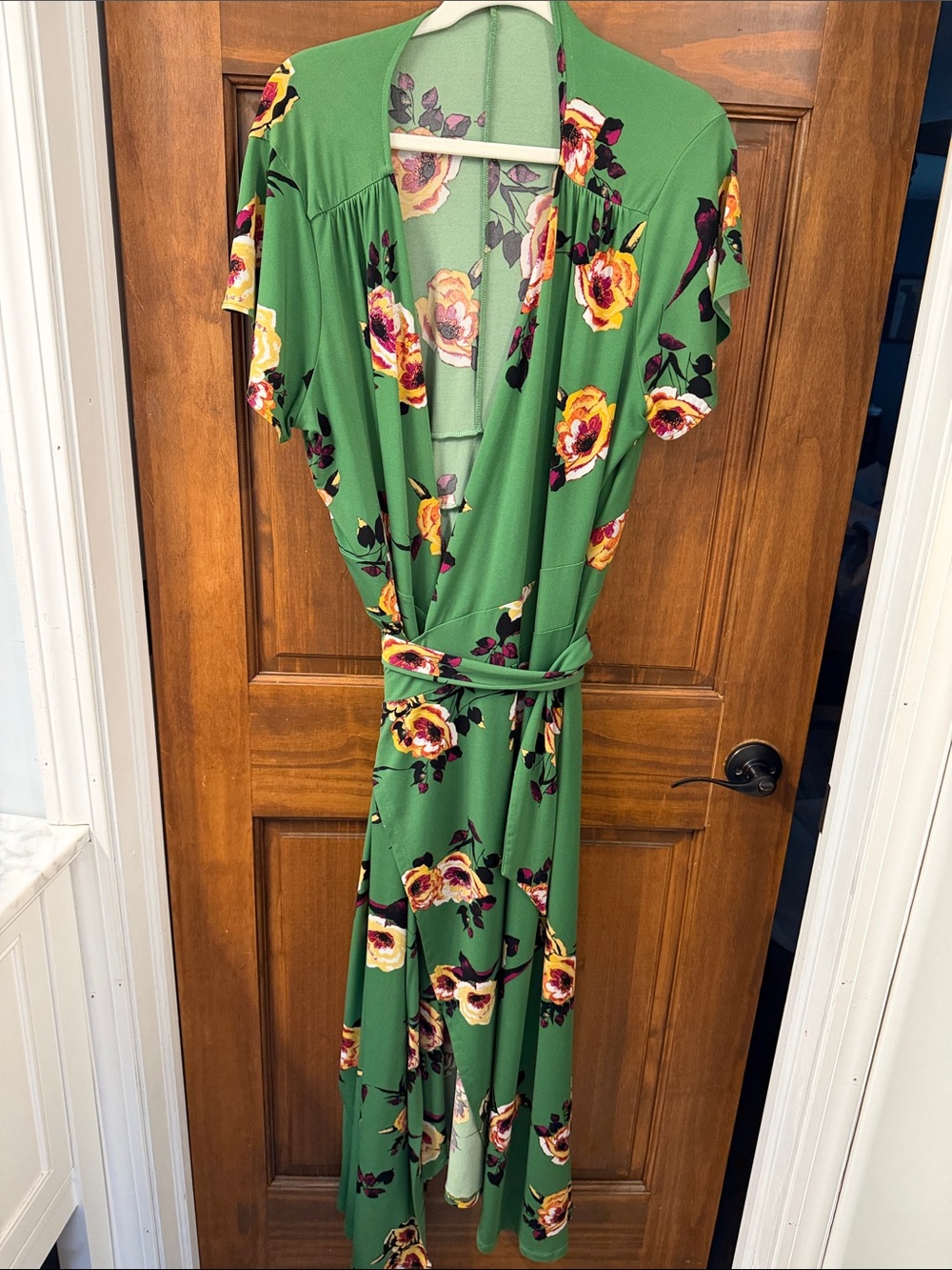 Green Floral Wrap Dress with Yellow Rose Print